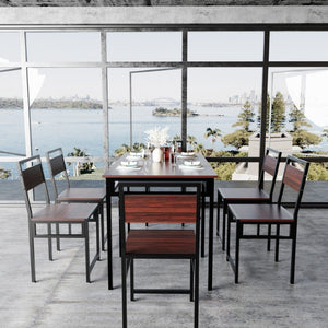 English Elm Extendable Dining Table and 6 Chairs Walnut Grain Black Iron Frame Industrial Set Table Set for 6 with 6 Chairs W3064S00015