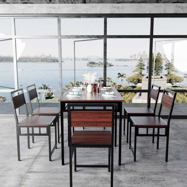 English Elm Extendable Dining Table and 6 Chairs Walnut Grain Black Iron Frame Industrial Set Table Set for 6 with 6 Chairs W3064S00015