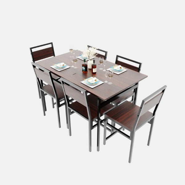 English Elm Extendable Dining Table and 6 Chairs Walnut Grain Black Iron Frame Industrial Set Table Set for 6 with 6 Chairs W3064S00015