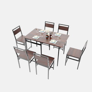English Elm Extendable Dining Table and 6 Chairs Walnut Grain Black Iron Frame Industrial Set Table Set for 6 with 6 Chairs W3064S00015