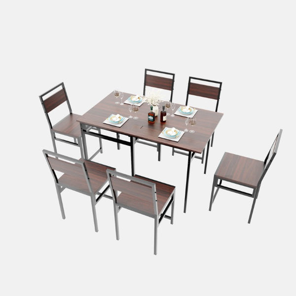 English Elm Extendable Dining Table and 6 Chairs Walnut Grain Black Iron Frame Industrial Set Table Set for 6 with 6 Chairs W3064S00015