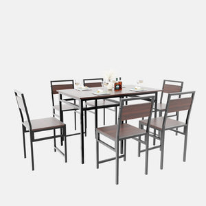 English Elm Extendable Dining Table and 6 Chairs Walnut Grain Black Iron Frame Industrial Set Table Set for 6 with 6 Chairs W3064S00015