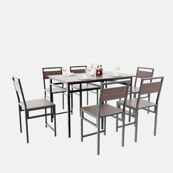 English Elm Extendable Dining Table and 6 Chairs Walnut Grain Black Iron Frame Industrial Set Table Set for 6 with 6 Chairs W3064S00015