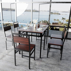 English Elm Extendable Dining Table and 6 Chairs Walnut Grain Black Iron Frame Industrial Set Table Set for 6 with 6 Chairs W3064S00015