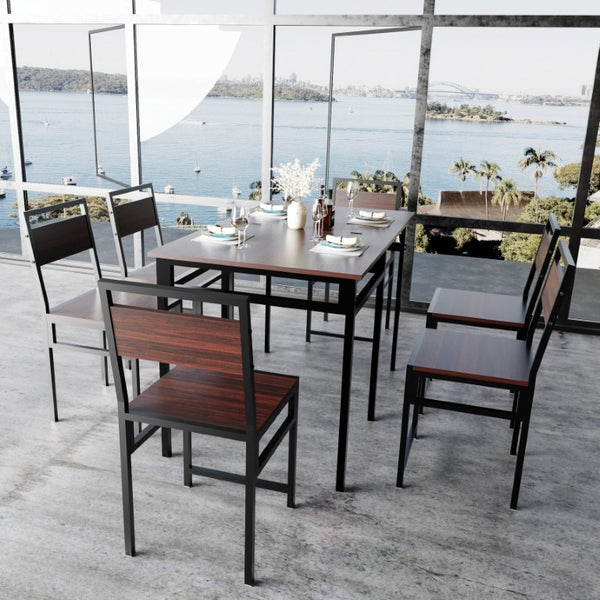 English Elm Extendable Dining Table and 6 Chairs Walnut Grain Black Iron Frame Industrial Set Table Set for 6 with 6 Chairs W3064S00015
