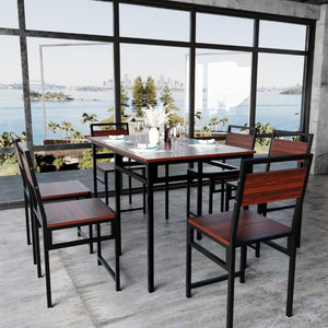 English Elm Extendable Dining Table and 6 Chairs Walnut Grain Black Iron Frame Industrial Set Table Set for 6 with 6 Chairs W3064S00015