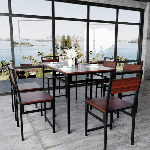 English Elm Extendable Dining Table and 6 Chairs Walnut Grain Black Iron Frame Industrial Set Table Set for 6 with 6 Chairs W3064S00015