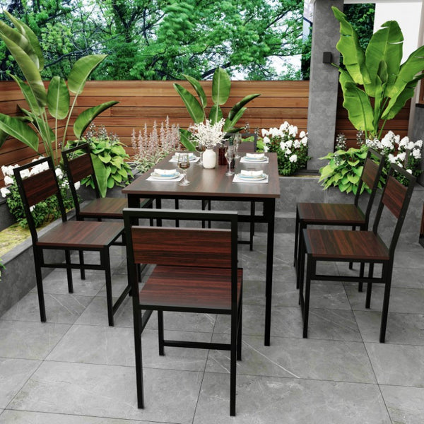 English Elm Extendable Dining Table and 6 Chairs Walnut Grain Black Iron Frame Industrial Set Table Set for 6 with 6 Chairs W3064S00015