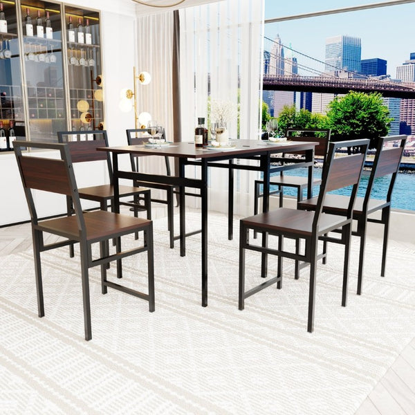 English Elm Extendable Dining Table and 6 Chairs Walnut Grain Black Iron Frame Industrial Set Table Set for 6 with 6 Chairs W3064S00015