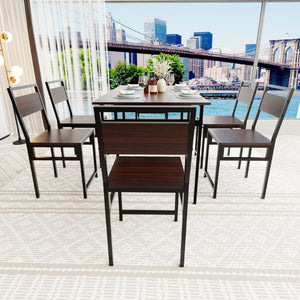 English Elm Extendable Dining Table and 6 Chairs Walnut Grain Black Iron Frame Industrial Set Table Set for 6 with 6 Chairs W3064S00015