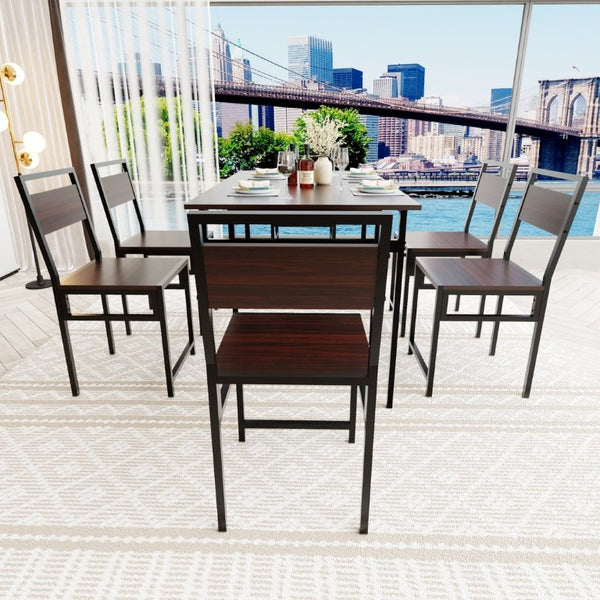 English Elm Extendable Dining Table and 6 Chairs Walnut Grain Black Iron Frame Industrial Set Table Set for 6 with 6 Chairs W3064S00015