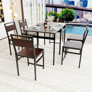 English Elm Extendable Dining Table and 6 Chairs Walnut Grain Black Iron Frame Industrial Set Table Set for 6 with 6 Chairs W3064S00015