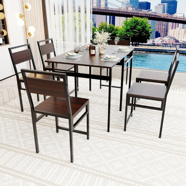 English Elm Extendable Dining Table and 6 Chairs Walnut Grain Black Iron Frame Industrial Set Table Set for 6 with 6 Chairs W3064S00015