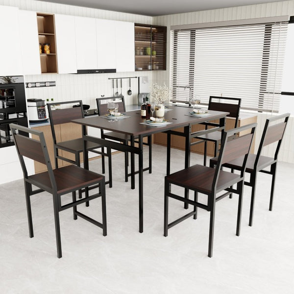English Elm Extendable Dining Table and 6 Chairs Walnut Grain Black Iron Frame Industrial Set Table Set for 6 with 6 Chairs W3064S00015