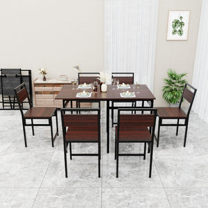 English Elm Extendable Dining Table and 6 Chairs Walnut Grain Black Iron Frame Industrial Set Table Set for 6 with 6 Chairs W3064S00015