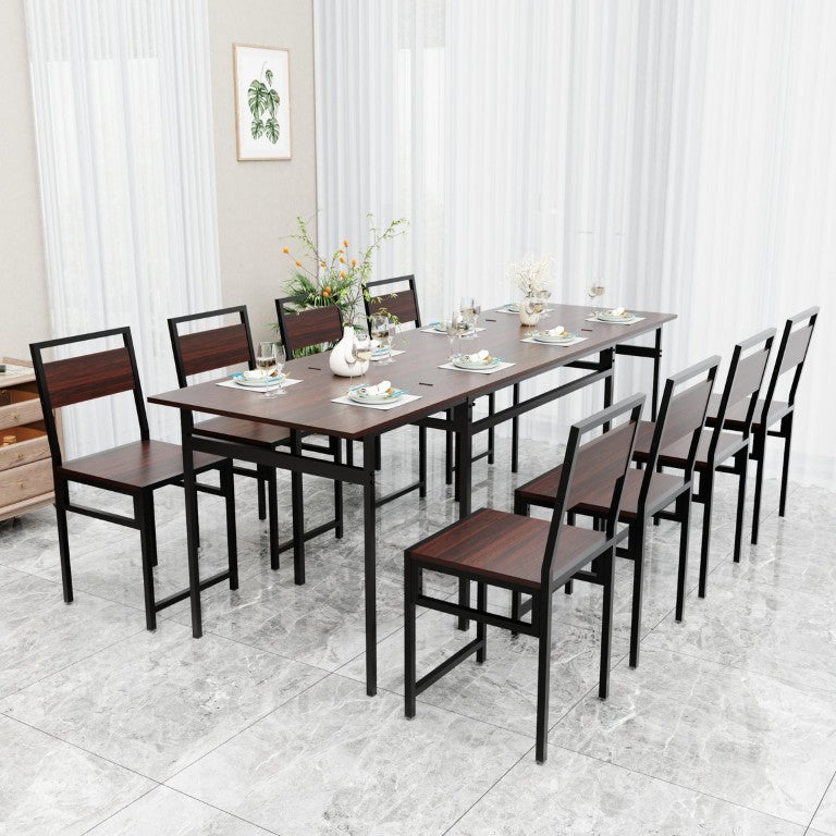 English Elm 8Pcs Extendable Dining Set Walnut Grain Top Iron Frame Seats Four to Eight People W3064S00016