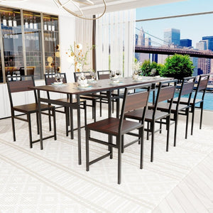 English Elm 8Pcs Extendable Dining Set Walnut Grain Top Iron Frame Seats Four to Eight People W3064S00016