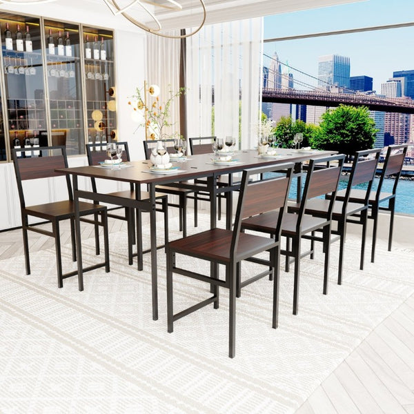 English Elm 8Pcs Extendable Dining Set Walnut Grain Top Iron Frame Seats Four to Eight People W3064S00016
