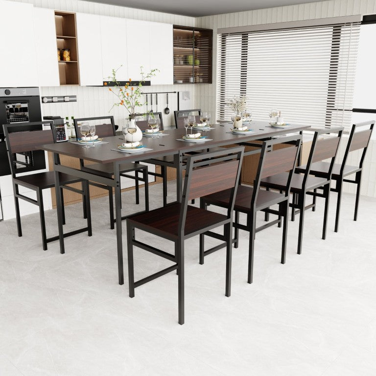 English Elm 8Pcs Extendable Dining Set Walnut Grain Top Iron Frame Seats Four to Eight People W3064S00016