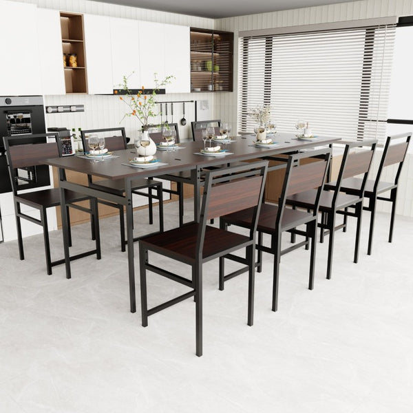 English Elm 8Pcs Extendable Dining Set Walnut Grain Top Iron Frame Seats Four to Eight People W3064S00016