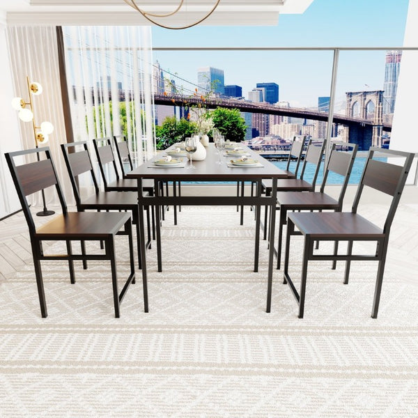 English Elm 8Pcs Extendable Dining Set Walnut Grain Top Iron Frame Seats Four to Eight People W3064S00016