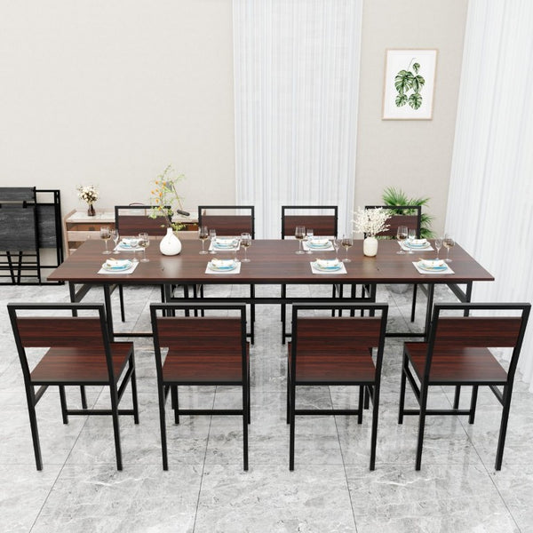 English Elm 8Pcs Extendable Dining Set Walnut Grain Top Iron Frame Seats Four to Eight People W3064S00016
