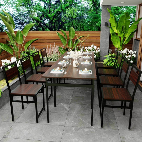 English Elm 8Pcs Extendable Dining Set Walnut Grain Top Iron Frame Seats Four to Eight People W3064S00016