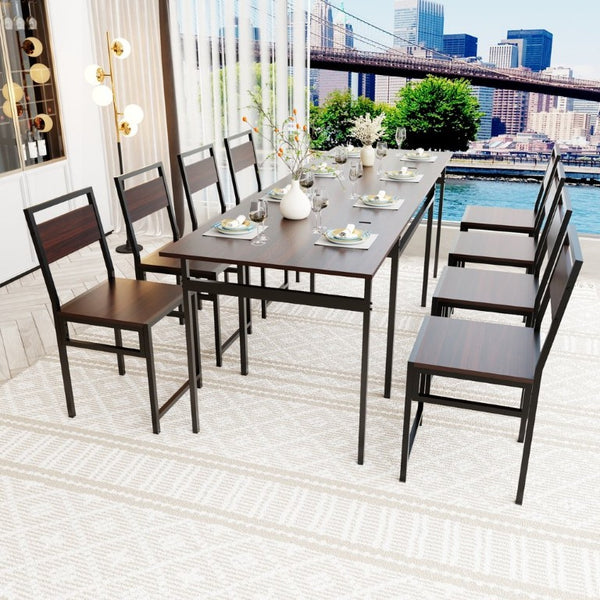 English Elm 8Pcs Extendable Dining Set Walnut Grain Top Iron Frame Seats Four to Eight People W3064S00016