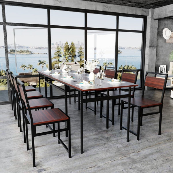 English Elm 8Pcs Extendable Dining Set Walnut Grain Top Iron Frame Seats Four to Eight People W3064S00016