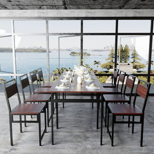 English Elm 8Pcs Extendable Dining Set Walnut Grain Top Iron Frame Seats Four to Eight People W3064S00016