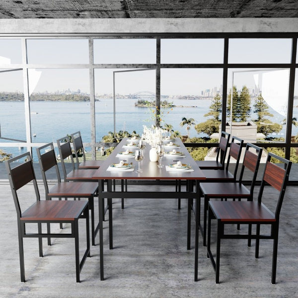 English Elm 8Pcs Extendable Dining Set Walnut Grain Top Iron Frame Seats Four to Eight People W3064S00016