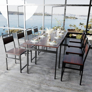 English Elm 8Pcs Extendable Dining Set Walnut Grain Top Iron Frame Seats Four to Eight People W3064S00016