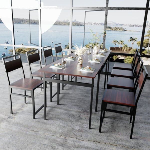 English Elm 8Pcs Extendable Dining Set Walnut Grain Top Iron Frame Seats Four to Eight People W3064S00016