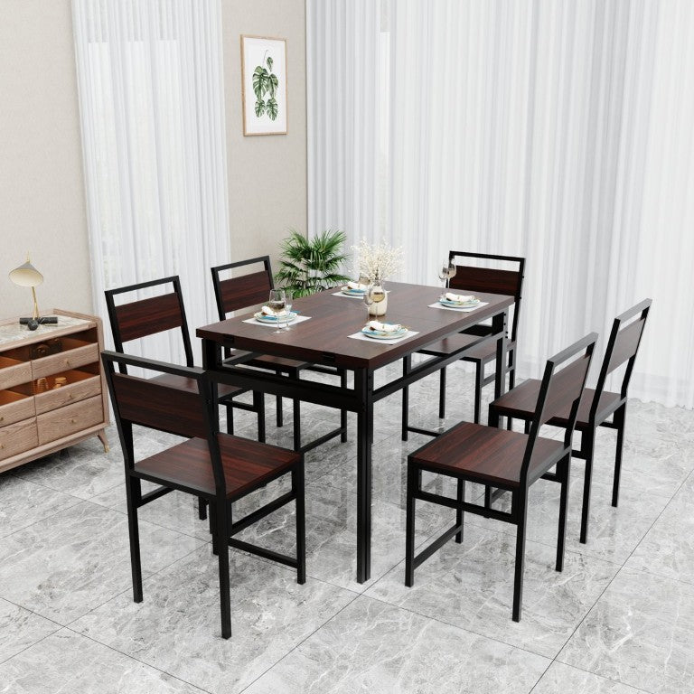 English Elm 6Pcs Extendable Dining Set Walnut Grain Top Matte Black Iron Frame Seats Six W3064S00017