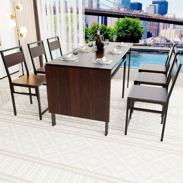 English Elm 6Pcs Extendable Dining Set Walnut Grain Top Matte Black Iron Frame Seats Six W3064S00017
