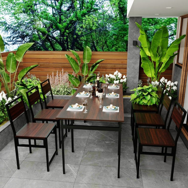 English Elm 6Pcs Extendable Dining Set Walnut Grain Top Matte Black Iron Frame Seats Six W3064S00017