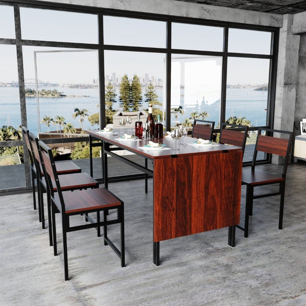 English Elm 6Pcs Extendable Dining Set Walnut Grain Top Matte Black Iron Frame Seats Six W3064S00017