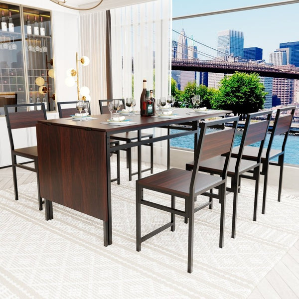 English Elm 6Pcs Extendable Dining Set Walnut Grain Top Matte Black Iron Frame Seats Six W3064S00017