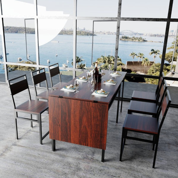 English Elm 6Pcs Extendable Dining Set Walnut Grain Top Matte Black Iron Frame Seats Six W3064S00017