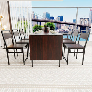 English Elm 6Pcs Extendable Dining Set Walnut Grain Top Matte Black Iron Frame Seats Six W3064S00017