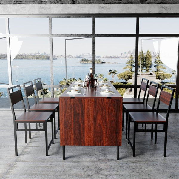 English Elm 6Pcs Extendable Dining Set Walnut Grain Top Matte Black Iron Frame Seats Six W3064S00017