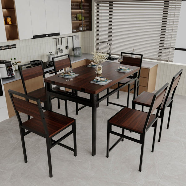 English Elm 6Pcs Extendable Dining Set Walnut Grain Top Matte Black Iron Frame Seats Six W3064S00017