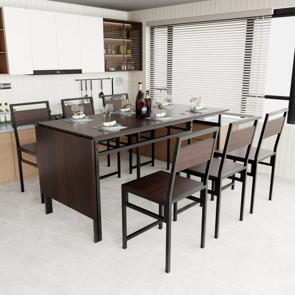 English Elm 6Pcs Extendable Dining Set Walnut Grain Top Matte Black Iron Frame Seats Six W3064S00017