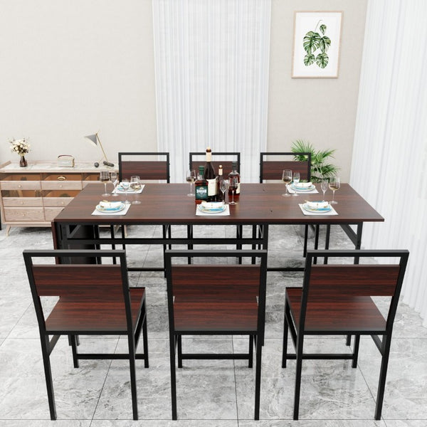English Elm 6Pcs Extendable Dining Set Walnut Grain Top Matte Black Iron Frame Seats Six W3064S00017