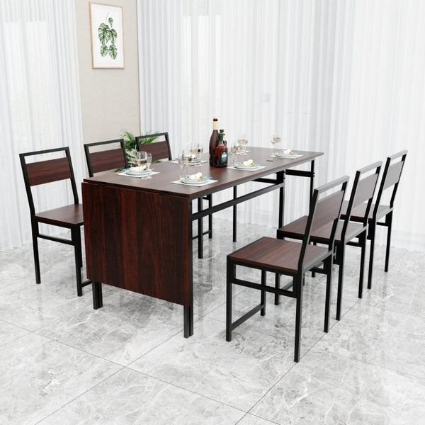 English Elm 6Pcs Extendable Dining Set Walnut Grain Top Matte Black Iron Frame Seats Six W3064S00017