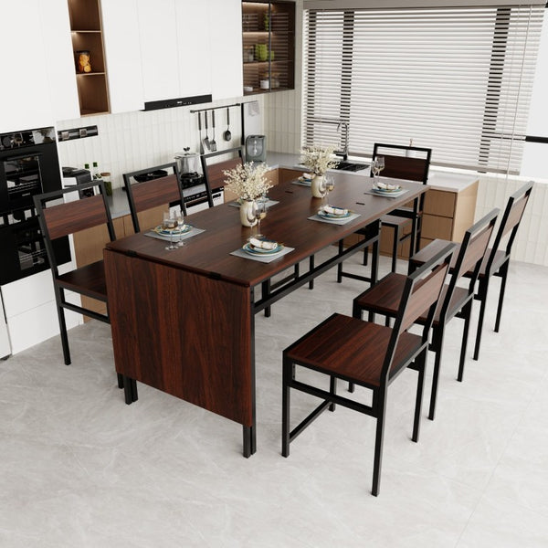 English Elm 6Pcs Extendable Dining Set Walnut Grain Top Matte Black Iron Frame Seats Six W3064S00017
