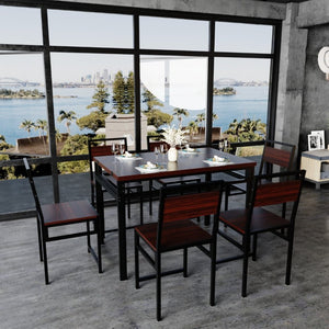 English Elm 6Pcs Extendable Dining Set Walnut Grain Top Matte Black Iron Frame Seats Six W3064S00017