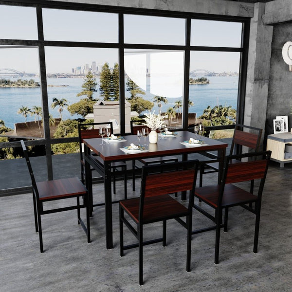 English Elm 6Pcs Extendable Dining Set Walnut Grain Top Matte Black Iron Frame Seats Six W3064S00017