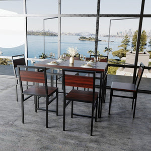 English Elm 6Pcs Extendable Dining Set Walnut Grain Top Matte Black Iron Frame Seats Six W3064S00017