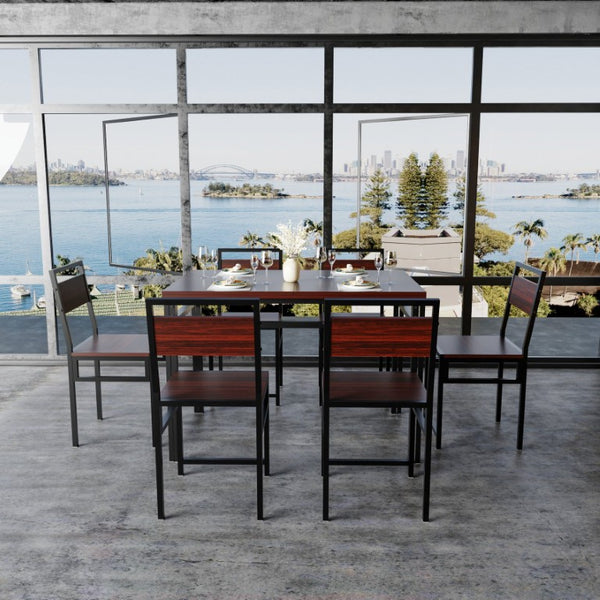 English Elm 6Pcs Extendable Dining Set Walnut Grain Top Matte Black Iron Frame Seats Six W3064S00017